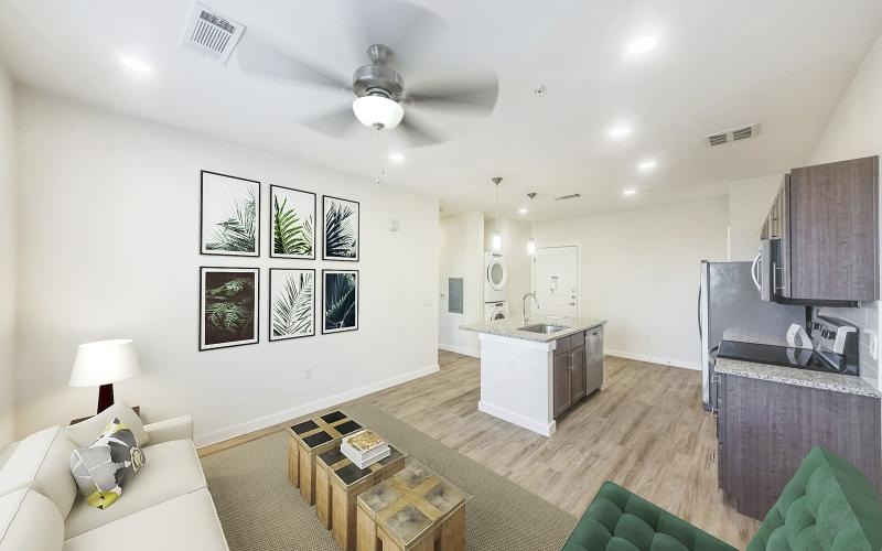 a living room with a couch and a table
